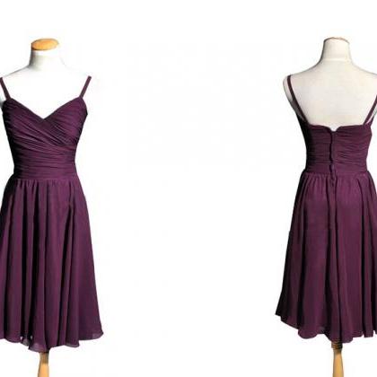 Purple Bridesmaid Dress Spaghetti Strap V-neck..