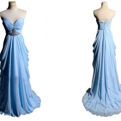 Beaded Blue Long Prom Dress Strapless A-line..