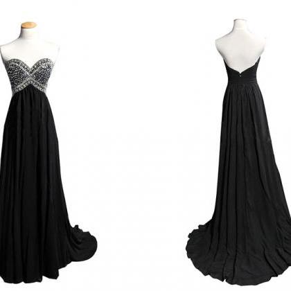 Beaded Black Prom Dress Strapless A-line..