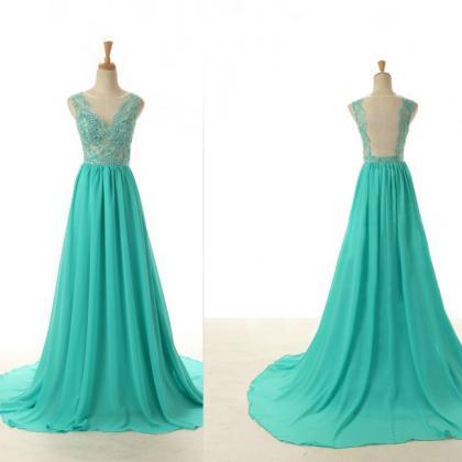 Green Lace Prom Dress,straps Long V-neck Applique..
