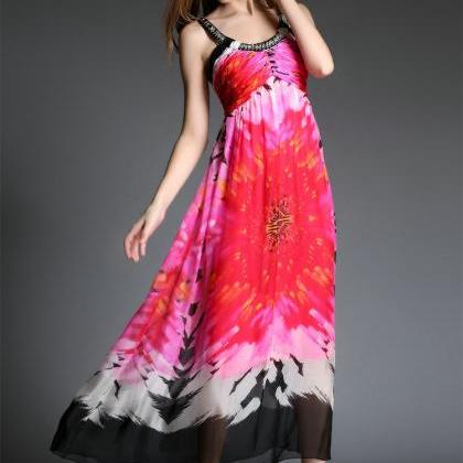 Sh-006 Pink Floral Bohemian Beach Maxi Long Dress..