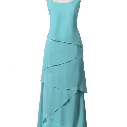 Simple Blue Chiffon Layered Long Prom Dress..