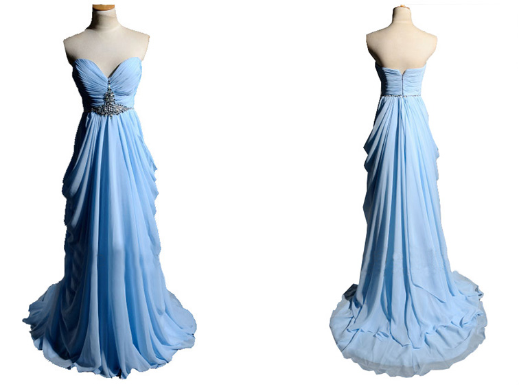Beaded Blue Long Prom Dress Strapless A-line Sweetheart Zipper Long Train Formal/evening/party Dress
