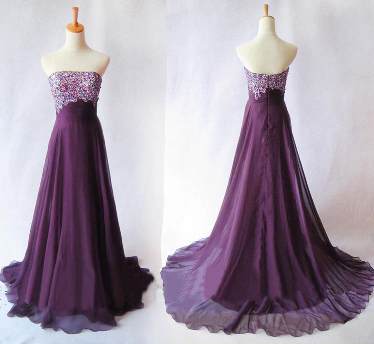 Beaded Purple Long Prom Dress,strapless Corset Neckline Empire Waist Chiffon Floor Length Women Formal Homecoming Dress,long Evening Dress,party