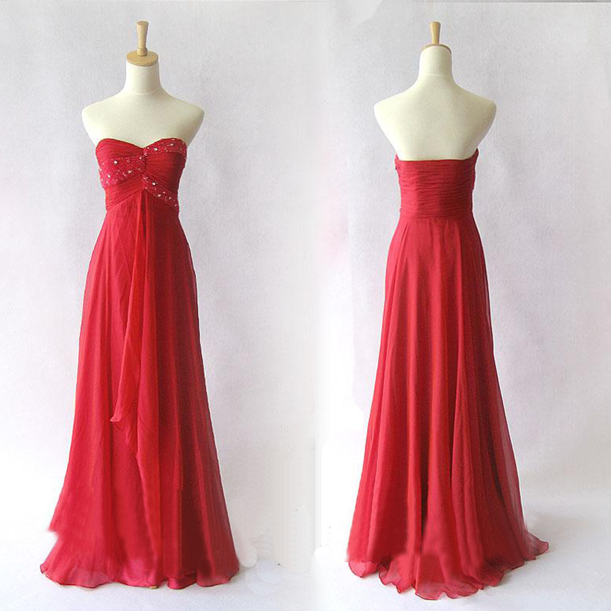 Red Unique Prom Dress,strapless Sweetheart Empire Waist Beaded Red Chiffon Floor Length Women Formal Homecoming Evening Dress,party