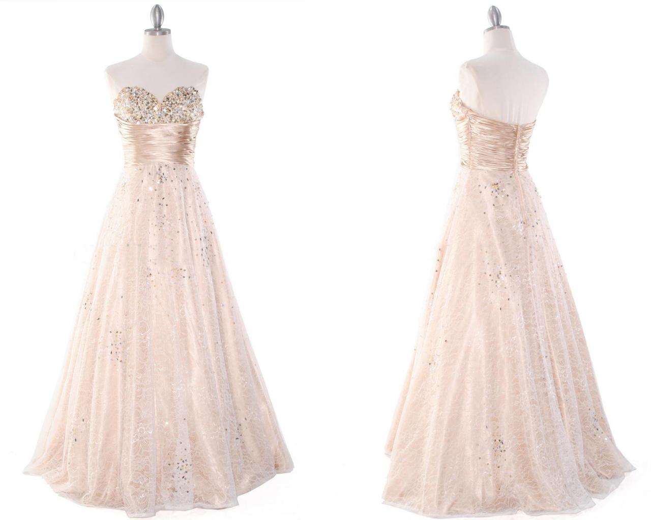 Champagne Lace Prom Dresses,strapless Long Sweetheart Beaded A-line Empire Waist Floor Length Evening Dress,party Dress,cocktail Dress