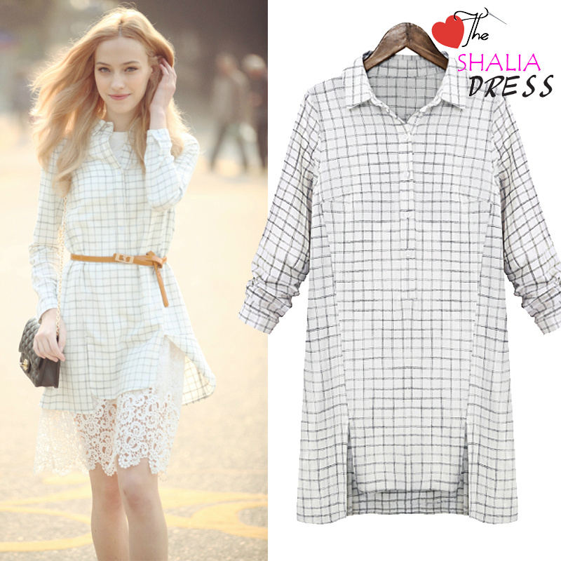 Ml31 White And Black Long Sleeve Button Down Checked Blouse Casual Woman's Clothing Summer Shirt Daily Tee Work Girl Top 2015