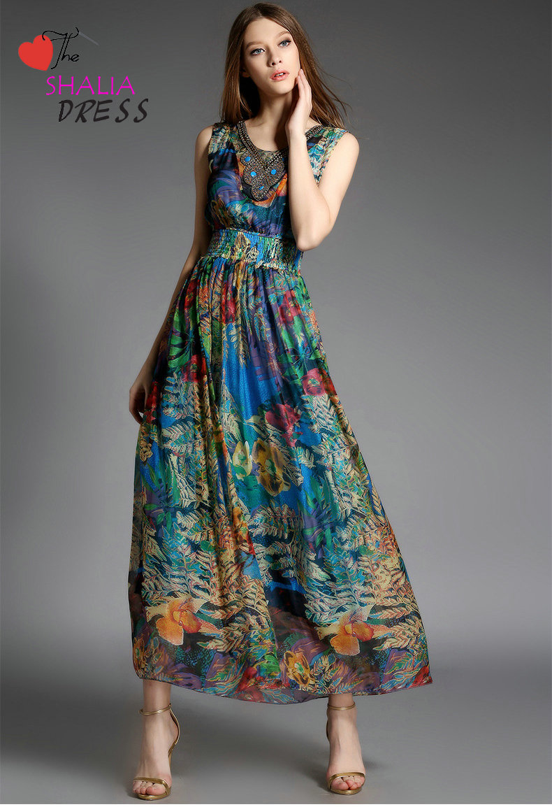 Sh-002 Peacock Floral Silk Maxi Long Dress Beach V Neck Casual Plus Size Woman Summer Clothing Outfit Petite Girl Skirt Sundress 2015 Online