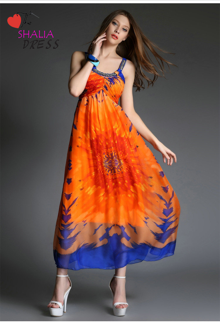 Sh-005 Orange Round Neck Floral Printed Bohemian ,beach, Maxi Dress Casual Plus Size Woman Summer Clothing Outfit Petite Girl Skirt Sundress 2015