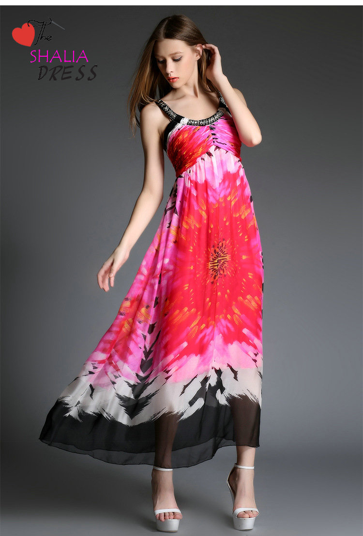 Sh-006 Pink Floral Bohemian Beach Maxi Long Dress Casual Plus Size Woman Summer Clothing Outfit Petite Girl Skirt Sundress 2015 Online Dress
