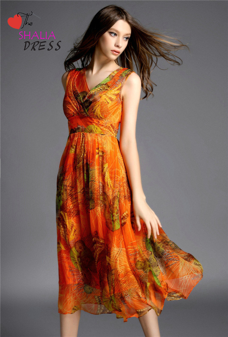 Sh 009 Orange Calf Midi Length Floral Bohemian Beach Dress Casual Plus Size Woman Summer Clothing Outfit Petite Girl Skirt Sundress 2015 Online Dress