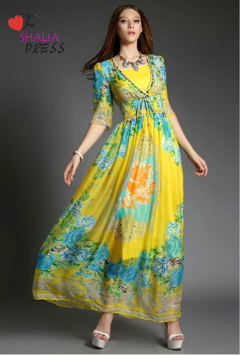 Sh-025 Yellow Arabic Dubai Robe Half Sleeve Modest Floral Beach Casual Plus Size Woman Summer Clothing Outfit Petite Girl Skirt Sundress 2015