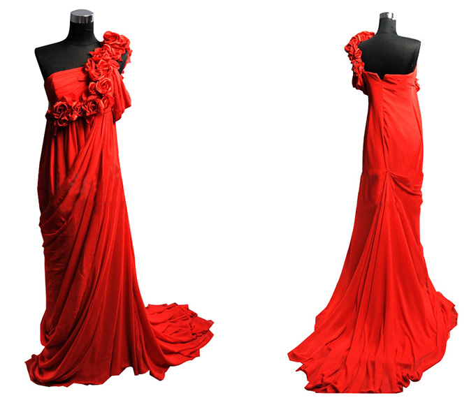 One Shoulder Corset Empire Waist Red Chiffon Long Train Women Formal Dress,evening Dress,prom Dress,bridesmaid Dress