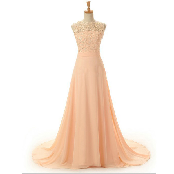 Peach Evening Dress Lace Evening Dress Long Evening Dress Chiffon Evening Dress Backless Evening Dress Floor-length Evening Dress