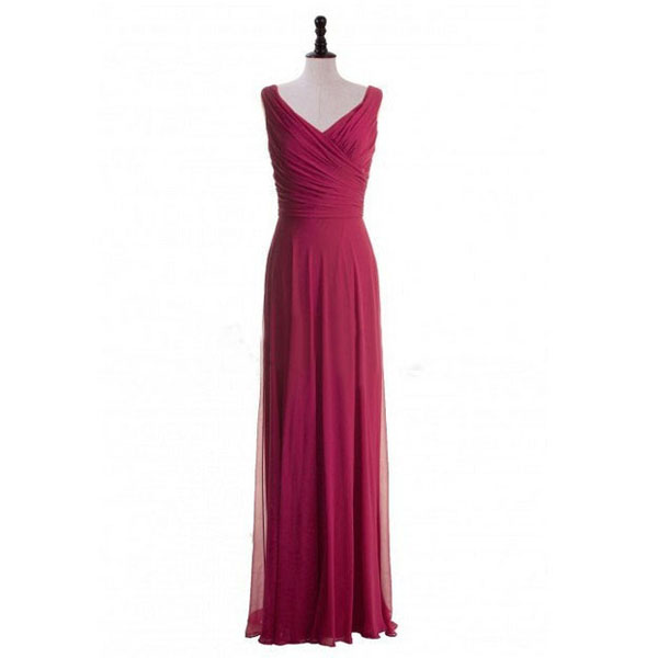 Red V-neck Pleats Ruching A-line Zipper Long Bridesmaid Dress Evening Gown Prom Dress