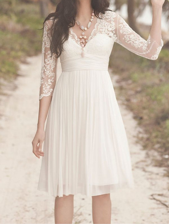 Ivory Lace Prom Dress White Wedding Dress Short Bridal Gown 3/4 Sleeves V-neck Chiffon Evening Dress Party/cocktial/formal Dress