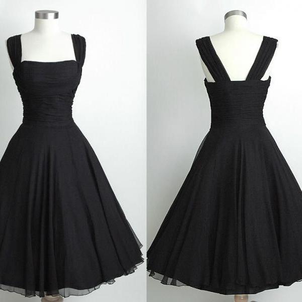 Black Short Knee Length Vintage 60's Chiffon Prom Dress,Simple Black ...